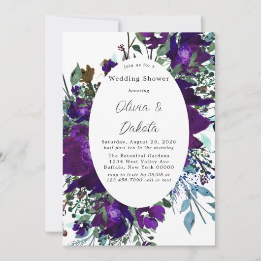 パープルとティール（緑がかった色）植物学フローラウェディングシャワー 招待状 (正面)