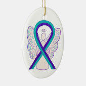 パープルとティール(緑がかった色)認識度リボンエンジェルオーナメント セラミックオーナメント (右)