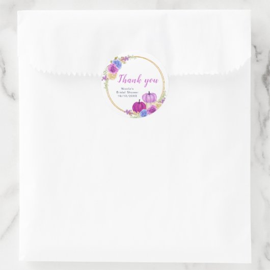 パープルとネイビーのパンプキン ブライダルシャワーのお礼 ラウンドシール (バッグ)