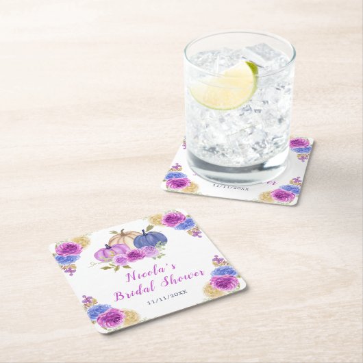 パープルとネイビーブルーの花のカボチャ ブライダルシャワー スクエアペーパーコースター (インサイチュ)