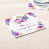パープルとネイビーブルーの花のカボチャ ブライダルシャワー スクエアペーパーコースター (アングル)