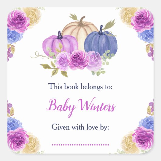 パープルとネイビーブルーの花のカボチャ ベビーシャワー スクエアシール (正面)
