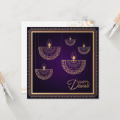 パープルとバラ金ゴールドオーナメントハッピーディワリ  カード (正面/裏面インサイチュ)