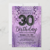 パープルとピンクのグリッターが輝く 30歳の誕生日パーティーへの招待状 招待状 (正面)