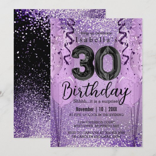 パープルとピンクのグリッターが輝く 30歳の誕生日パーティーへの招待状 招待状 (正面/裏面)