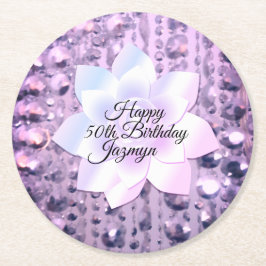 パープルとピンクのビーエレガントズ誕生日 ラウンドペーパーコースター
