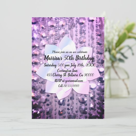 パープルとピンクのビーエレガントズ誕生日 招待状 (スタンド正面)