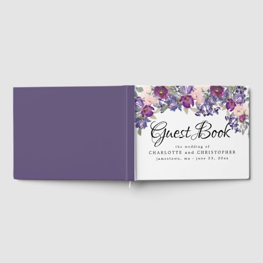 パープルとピンクのフローラ結婚のゲストブック ゲストブック (全面)
