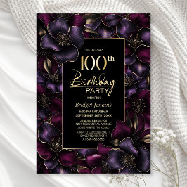 パープルとピンクのフローラ100th誕生日パーティー 招待状