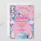 パープルとピンクの人魚の海の誕生日 招待状 (正面)