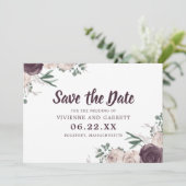 パープルとピンクの花の結婚式 Save the Date 招待状 (スタンド正面)