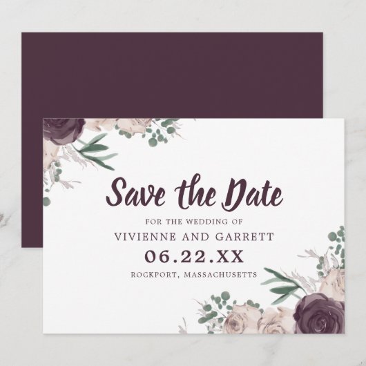 パープルとピンクの花の結婚式 Save the Date 招待状 (正面/裏面)