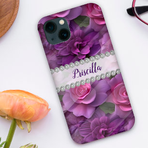 パープルとピンクの3Dバラ、ダイヤモンドフレームカスタム iPhone 13ケース