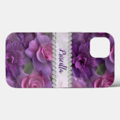 パープルとピンクの3Dバラ、ダイヤモンドフレームカスタム Case-Mate iPhoneケース (裏面 (横))