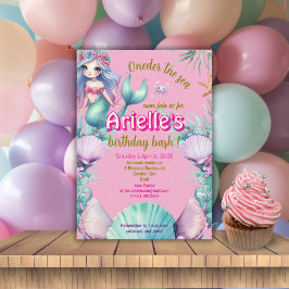 パープルとピンクのOneder海の人魚の誕生日 招待状