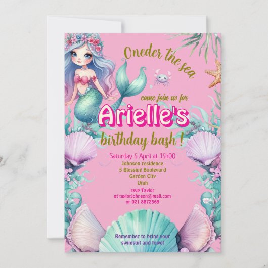 パープルとピンクのOneder海の人魚の誕生日 招待状 (正面)