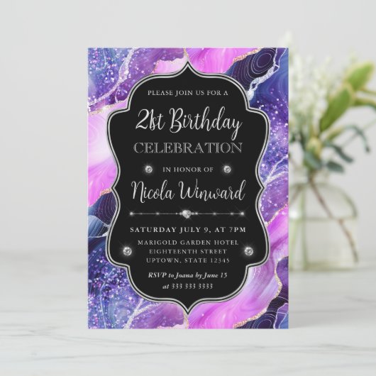 パープルとピンクマーメイドの瑪瑙フレーム誕生日 招待状 (スタンド正面)