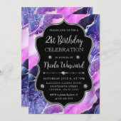 パープルとピンクマーメイドの瑪瑙フレーム誕生日 招待状 (正面/裏面)