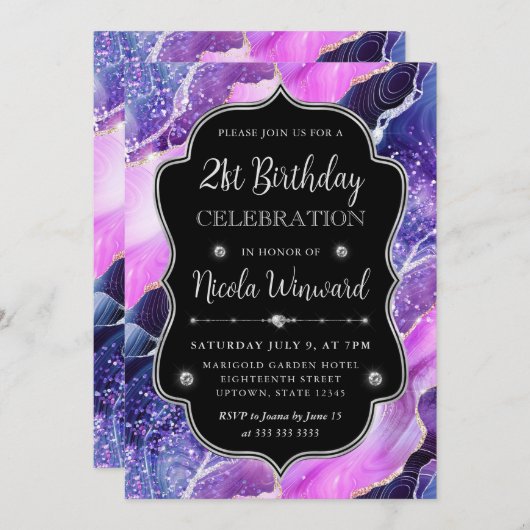 パープルとピンクマーメイドの瑪瑙フレーム誕生日 招待状 (正面/裏面)