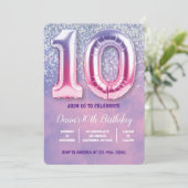 パープルとピンク10誕生日バルーン 招待状 (スタンド正面)