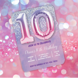パープルとピンク10誕生日バルーン 招待状
