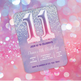 パープルとピンク11誕生日バルーン 招待状
