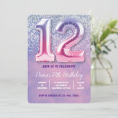 パープルとピンク12誕生日バルーン 招待状 (スタンド正面)