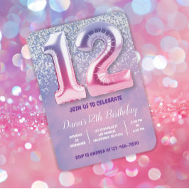 パープルとピンク12誕生日バルーン 招待状