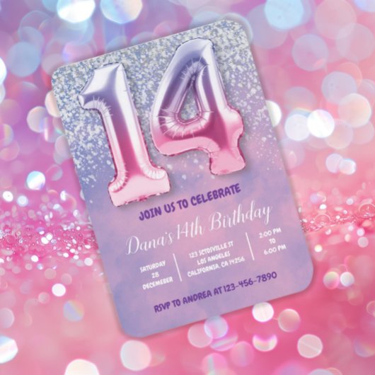 パープルとピンク14誕生日バルーン 招待状
