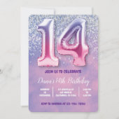 パープルとピンク14誕生日バルーン 招待状 (正面)