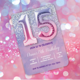 パープルとピンク15誕生日バルーン 招待状