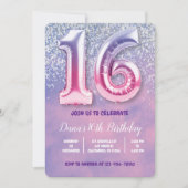 パープルとピンク16誕生日バルーン 招待状 (正面)