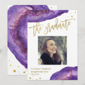 パープルとフェイクゴールドのジオード卒業パーティーの写真 案内状 (正面/裏面)
