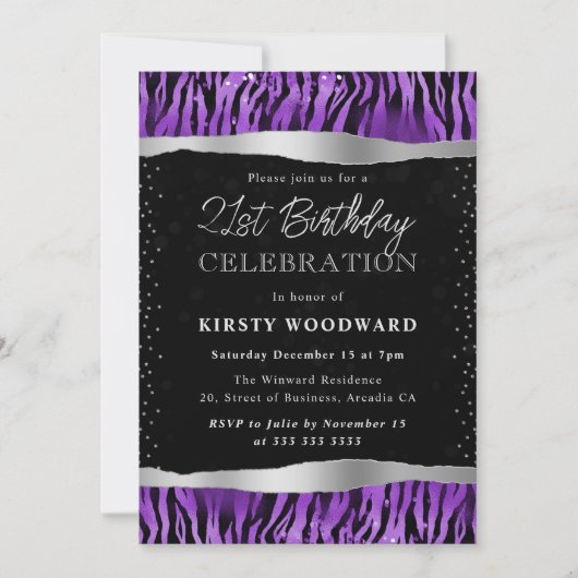 パープルとブラックのタイガー ストライプ 21歳の誕生日 招待状 (正面)