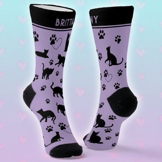 パープルとブラックのパーソナライズされた猫好きソックス ソックス