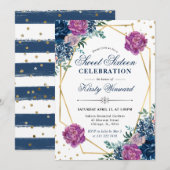 パープルとブルーの夏の花のフレームがスイート16 招待状 (正面/裏面)