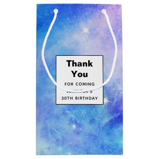 パープルとブルーの銀河系宇宙誕生日ありがとう スモールペーパーバッグ (裏面)
