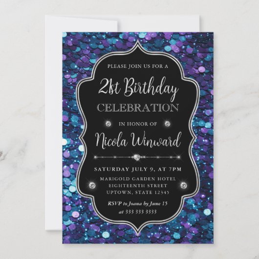 パープルとブルーマーメイドシークインフレーム誕生日 招待状 (正面)