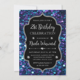 パープルとブルーマーメイドシークインフレーム誕生日 招待状