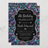 パープルとブルーマーメイドシークインフレーム誕生日 招待状 (正面/裏面)