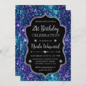 パープルとブルーマーメイドシークインフレーム誕生日 招待状 (正面/裏面)