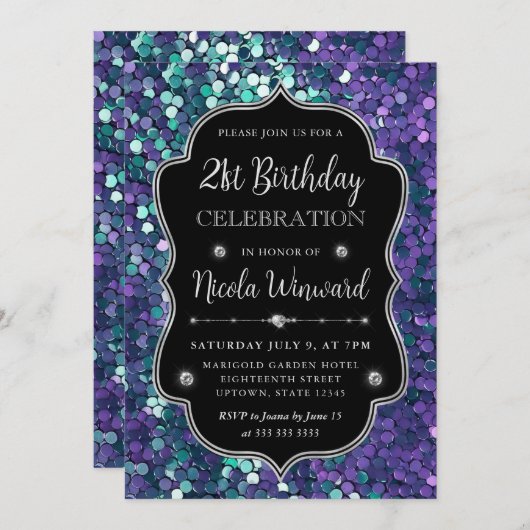 パープルとブルーマーメイドシークインフレーム誕生日 招待状 (正面/裏面)