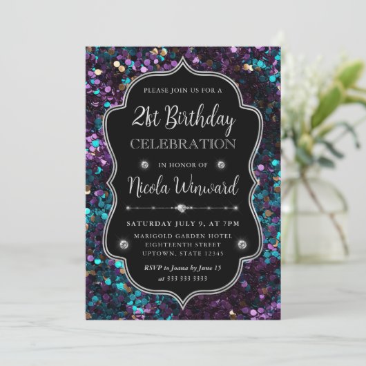 パープルとブルーマーメイドシークインフレーム誕生日 招待状 (スタンド正面)