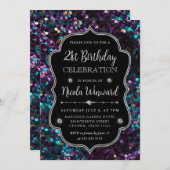 パープルとブルーマーメイドシークインフレーム誕生日 招待状 (正面/裏面)