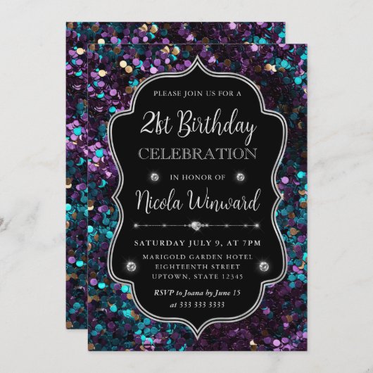 パープルとブルーマーメイドシークインフレーム誕生日 招待状 (正面/裏面)