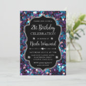 パープルとブルーマーメイドシークインフレーム誕生日 招待状 (スタンド正面)