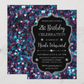 パープルとブルーマーメイドシークインフレーム誕生日 招待状 (正面/裏面)