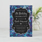 パープルとブルーマーメイドシークインフレーム誕生日 招待状 (スタンド正面)