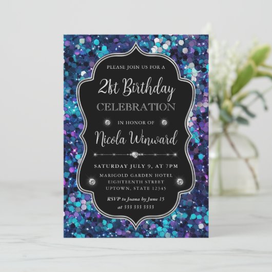 パープルとブルーマーメイドシークインフレーム誕生日 招待状 (スタンド正面)