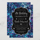 パープルとブルーマーメイドシークインフレーム誕生日 招待状 (正面/裏面)